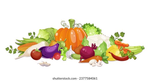 Various fresh vegetables. Healthy vegetarian food. Collection of pepper, pumpkin, carrot, mushroom, tomato, potato, corn, plants. Vitamin diet, autumn harvest. White background. Vector illustration