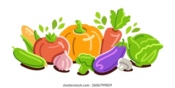 Various fresh vegetables with leaves. Organic farm food. Healthy eating, vegetarian and diet nutrition concept