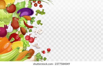 Variadas verduras frescas. Lado izquierdo. Alimentos vegetarianos saludables. Colección de pimienta, calabaza, zanahoria, champiñón, planta. Dieta de vitamina, cosecha de otoño. Aislado sobre fondo blanco. Ilustración del vector