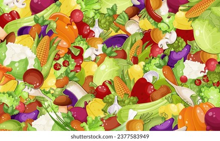 Verschiedenes frisches Gemüsemuster. Gesundes vegetarisches Essen. Sammlung von Paprika, Kürbis, Karotten, Pilzen, Tomaten, Pflanzen. Vitamin-Diät, Herbsternte. Vektorgrafik
