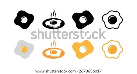 Various fried egg icons in black, white, and yellow colors on white background. Includes fried egg icons with steam, in different styles and color variations.