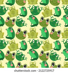 Varias ranas sobre un fondo claro. Patrón sin foco, adorno, diseño plano, dibujos animados. Ilustración vectorial. Plantilla para la impresión en papel y textiles.