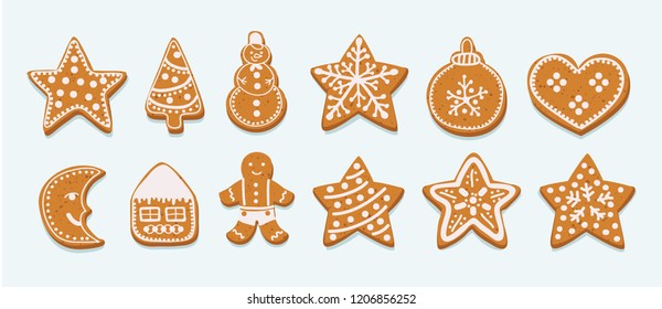 Various frosting gingerbread cookies on a white background. Sugar glaze gingersnap. Christmas holiday. Vector cartoon illustration in modern concept