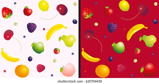 Various fruit and berries seamless colorful pattern on light pink and red background. Vector illustration.