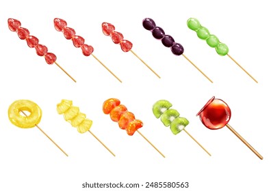 Various fruit candies: strawberry , grape, pine, tangerine, kiwi ,apple