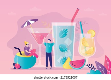 Various fruit cocktails with ice and straws. Couple relaxing and drinking tropical refreshing drinks. People have fun at summer party with cold lemonades. Happy vacation. Flat vector illustration


