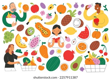 Various fruit collection, people eat, buy various fruits in grocery, young, senior, children eating healthy food, avocado, mango and watermelon isolated icons, healthy diet, bundle of flat vector