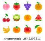 Various fruit color icons set in gradient illustration style. Delicious and cute fruits such as bananas, apples, cherry, peach, strawberry, grape, kiwi, mango, etc.