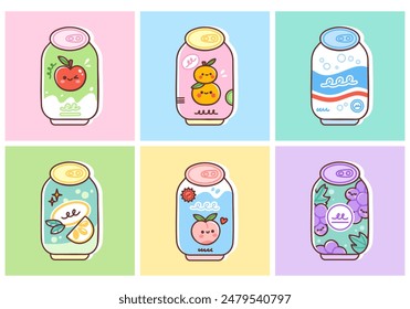 Various fruit flavored soda cans. Vector illustration of sweet fizzy drinks, perfect for the summer. Fresh carbonated beverages in cute colorful style. Flavors include apple, grape, peach and orange.