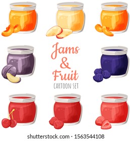 Various fruit jams in jars, cartoon set of colorful illustrations.