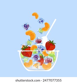 Various fruit salads, strawberries, blueberries, grapes, oranges, kiwis, and frozen and healthy food float in the air in a glass bowl. We isolated vector illustrations on bright-colored backgrounds.