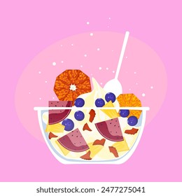 Various fruit salads, strawberries, blueberries, dragon fruit, pineapple, yogurt, and other healthy foods float in the air toward the glass bowl. Isolated vector illustration on a bright-colored backg