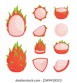 various fruit set dragonfruit flat cartoon exotic natural desserts isolated