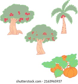 Various fruit trees with ripe fruits cartoon illustration set. Garden or orchard plants during fruit ripening. Nature, food concept