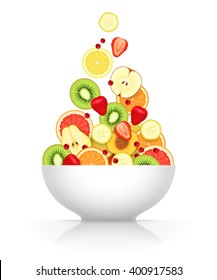 Various fruits and berries are falling in big white bowl on white background. Fruit mix for healthy life