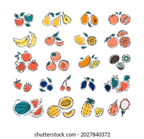 Various fruits and berries on a white isolated background. Big set natural tropical fruit. Doodles citrus orange and vitamin lemon. Icon. Vector illustration.