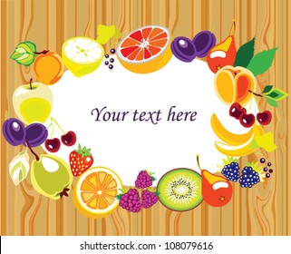 Various Fruits border - vector illustration on wood background