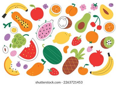 Various fruits bundle, cute mango, kiwi, peach and banana drawing, tropical fruit stickers set, watermelon and mango clipart, exotic vitamin food, hand drawn icons, doodle vector illustrations