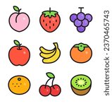 Various fruits color icon set with black lines. Vector illustration of delicious fruits such as peaches, strawberries, grapes, apples, bananas, cherries, etc.