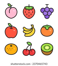 Diversos iconos de color de frutas con líneas negras. Ilustración vectorial de deliciosas frutas como melocotones, fresas, uvas, manzanas, plátanos, cerezas, etc.