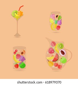 Various Fruits in Different GlassWares as a Image of Fruit Beverages. Vector EPS 10