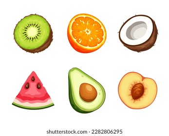 Various fruits (kiwi, orange, coconut, watermelon, avocado, and peach) isolated on a white background. Set of vector icons
