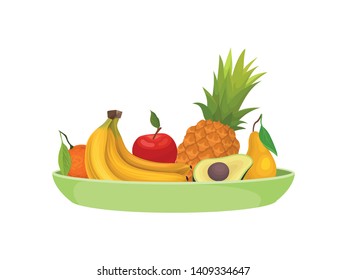 Various fruits on a plate. Vector illustration on white background.