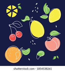 Various fruits (Orange, pear, cherry, lemon, peach). Vector color illustration. Appetizing fruit pattern.