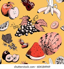 Various fruits seamless pattern. Apple, strawberry, grapes, banana, kiwi, plum, watermelon and raspberry. Vector illustration on yellow background