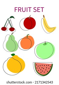 Diversos frutos establecen ilustraciones vectoriales aisladas en fondo blanco. Frutos de temporada: sandía, membrillo, manzana, naranja, pera, plátano, ciruela y cereza. 