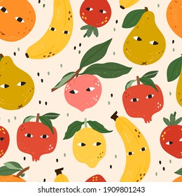 Various Fruits and Vegetable with eyes. Cute funny characters. Cartoon style. Hand drawn colored Vector illustration. Seamless Pattern. Square wallpaper. Trendy Background