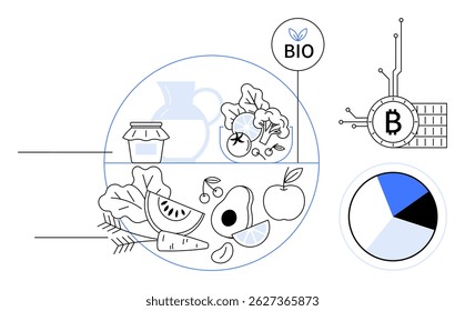 Various fruits, vegetables and organic foods surrounded by a bio label, a pie chart and a blockchain symbol. Ideal for organic farming, health food, blockchain in agriculture, technology in farming