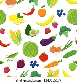 Various fruits and vegetables seamless pattern isolated on white background. Vegetarian fresh food in flat design vector illustration.