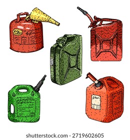 Várias latas de combustível, incluindo jerry cans e de gás em vermelho e verde, representando equipamentos essenciais para transportar e armazenar líquidos perigosos e materiais inflamáveis para necessidades automotivas e de energia