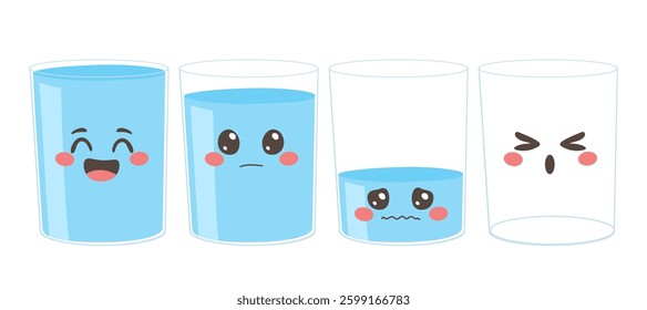 Various full, half and empty drinking glasses of water with different expressions vector illustration. Perspective of lifestyle concept