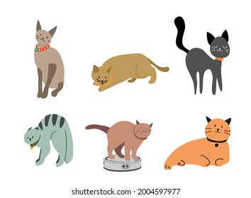 Various funny cute cats set. Doodle cartoon style. Vector.