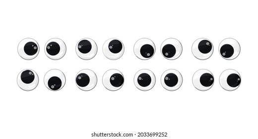 Various, funny plastic toy eyes set on a white isolated background. Safe toys. Vector cartoon illustration.
