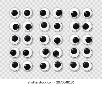 Various, funny plastic toy eyes set on a isolated transparent background. Safe toys. Vector cartoon illustration.