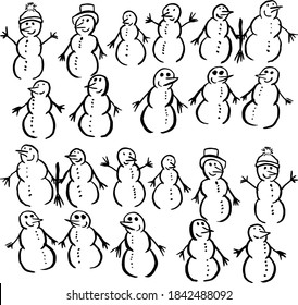 Various funny snowmen. snowmen in different clothes with carrot noses. 