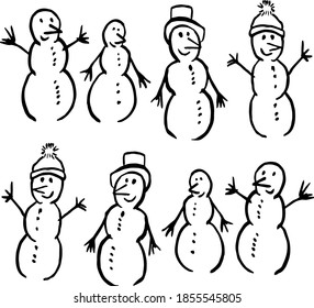 Varios hombres de nieve divertidos. hombres de nieve con diferentes ropas con narices de zanahoria. 