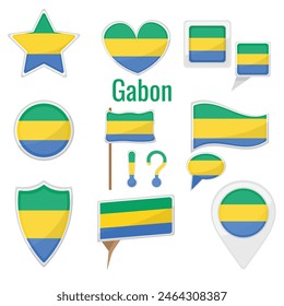 Various Gabon flags set on pole, table flag, mark, star badge and different shapes badges. Patriotic gabonian sticker