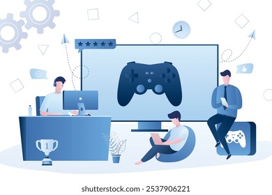 Various gamers, big game controller on screen. People with smart gadgets playing video games. Cross Platform Multiplayer concept. Players, male characters. E-sports team, group of gamers. Vector