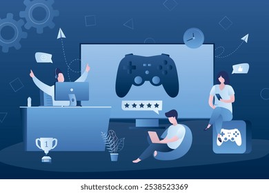 Various gamers, big game controller on screen. People with different smart gadgets playing video games. Cross Platform Multiplayer concept. Players characters. E-sports team, group of gamers. vector