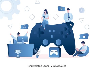 Vários jogadores, grande controlador de jogo. Pessoas com gadgets inteligentes diferentes jogando videogames. Conceito Multiplayer de Plataforma Cruzada. Personagens masculinos e femininos. Grupo de jogadores. flat vetor