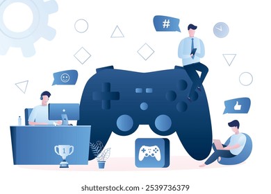 Various gamers, giant game controller. People with different smart gadgets playing video games. Cross Platform Multiplayer concept. Players male characters concept. E-sports team, group of gamers.