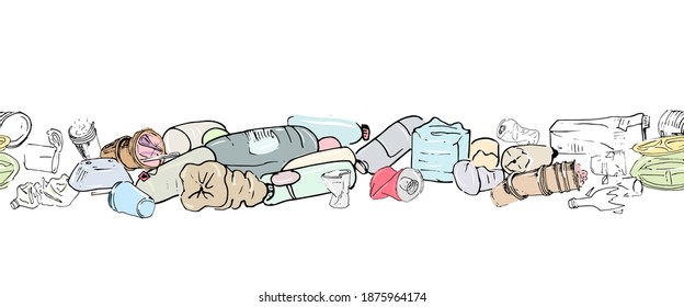 Various garbage, dump, a set of crumpled bottles, cans, cups. Seamless vector background.