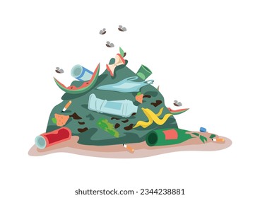 Various garbage, food waste, broken bottles, corks, plastic bottles and cigarette butts are lying on the ground. Take care of the environment. Sorting, recycling and disposal of garbage. Vector illust