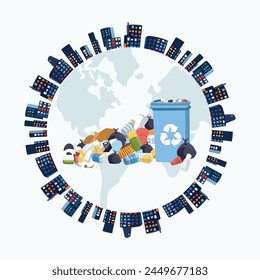 Various garbage near the trash can. Trash for recycle and reduce ecology environment. Vector illustration