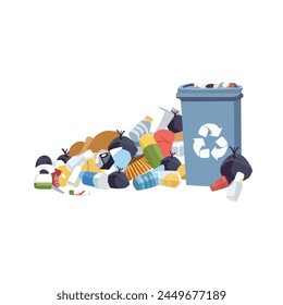 Various garbage near the trash can. Trash for recycle and reduce ecology environment. Vector illustration
