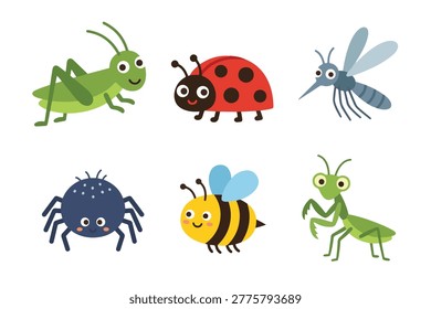 Various Garden Insects and Spider Collection, Grasshopper, Ladybug, Mosquito, Bee, and Praying Mantis, Flat Vector Art for Nursery